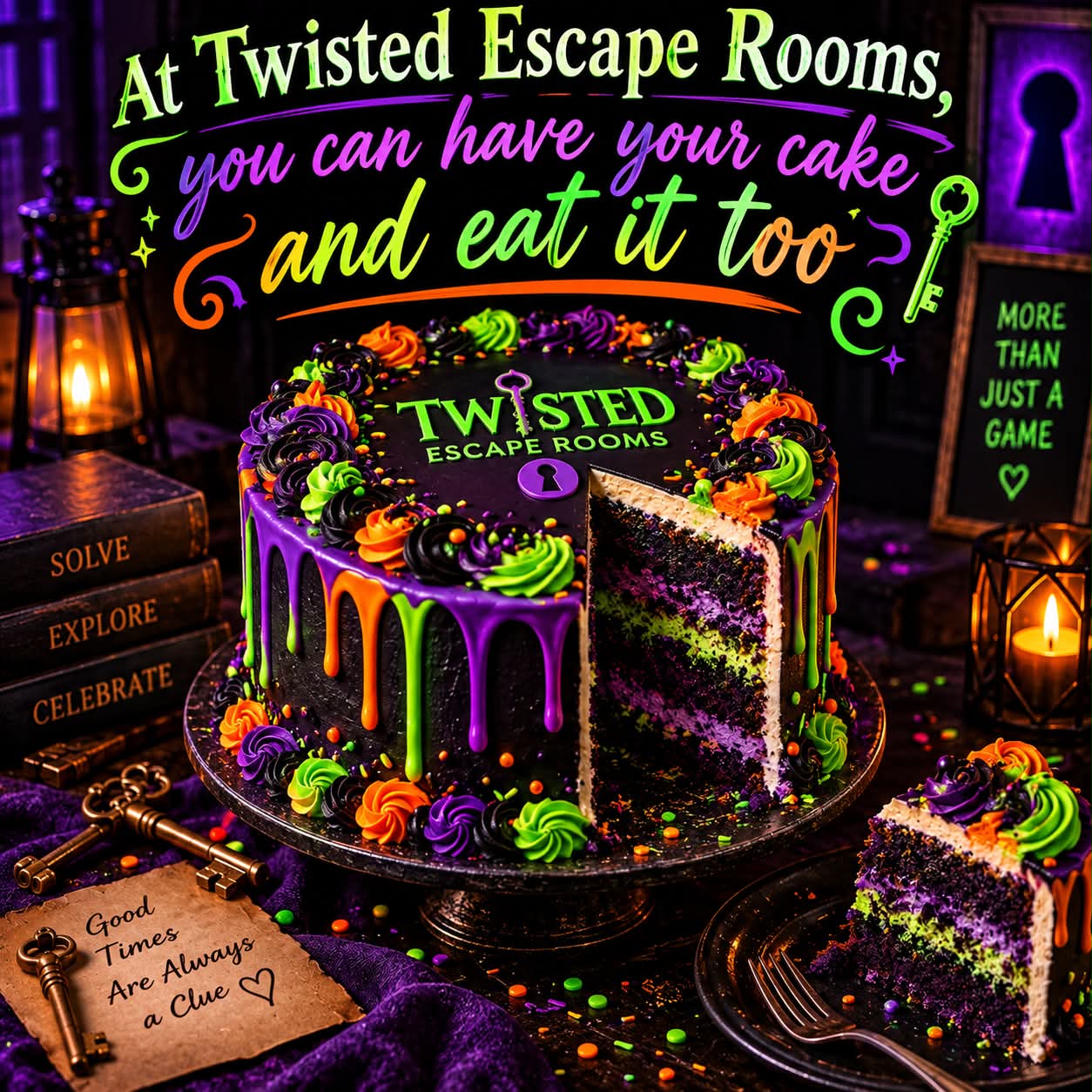 At Twisted Escape Rooms, you can have your cake and eat it too — birthday cake room card