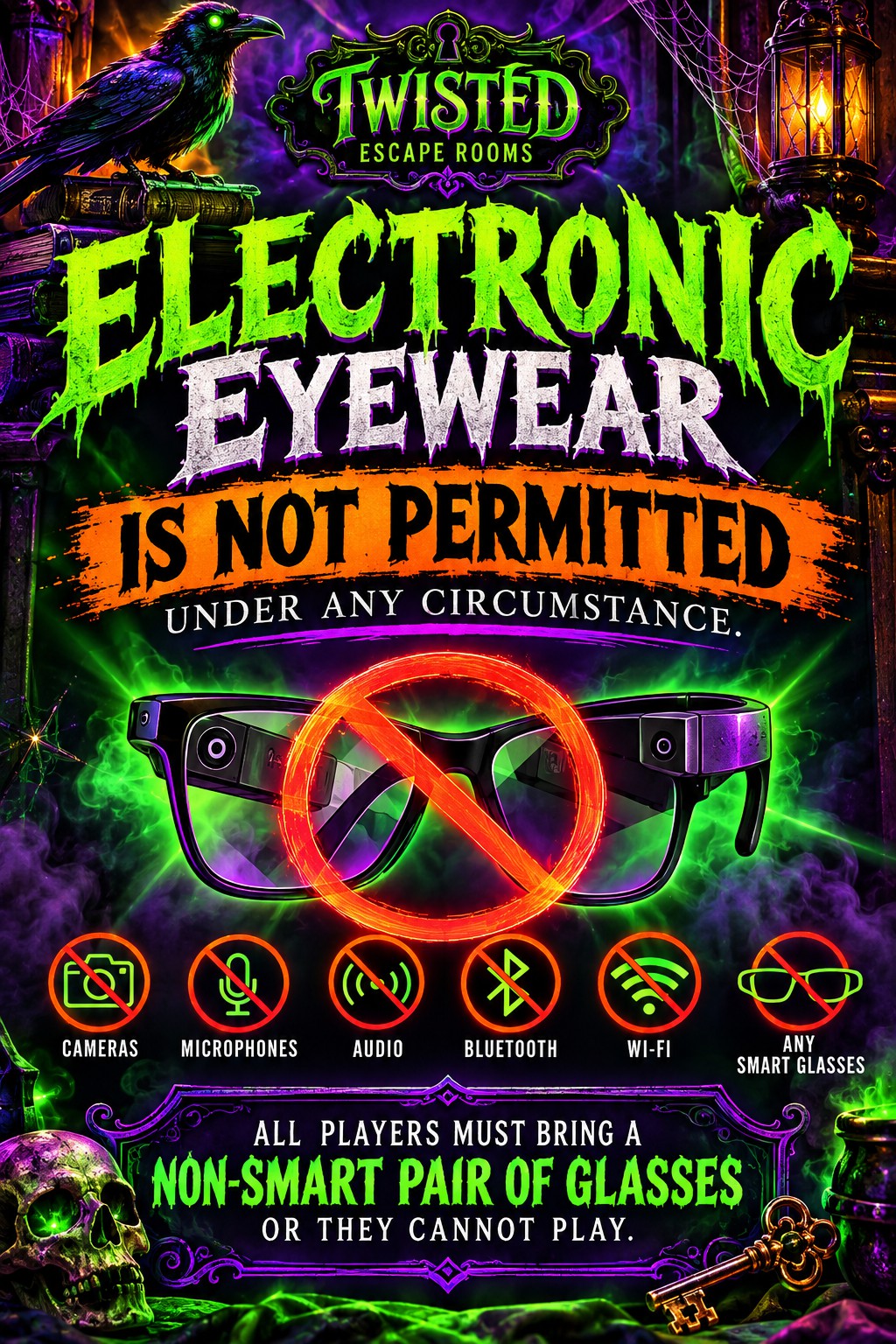 Twisted Escape Rooms — electronic eyewear, cameras, microphones, Bluetooth and Wi-Fi are not permitted; all players must bring non-smart glasses or they cannot play.