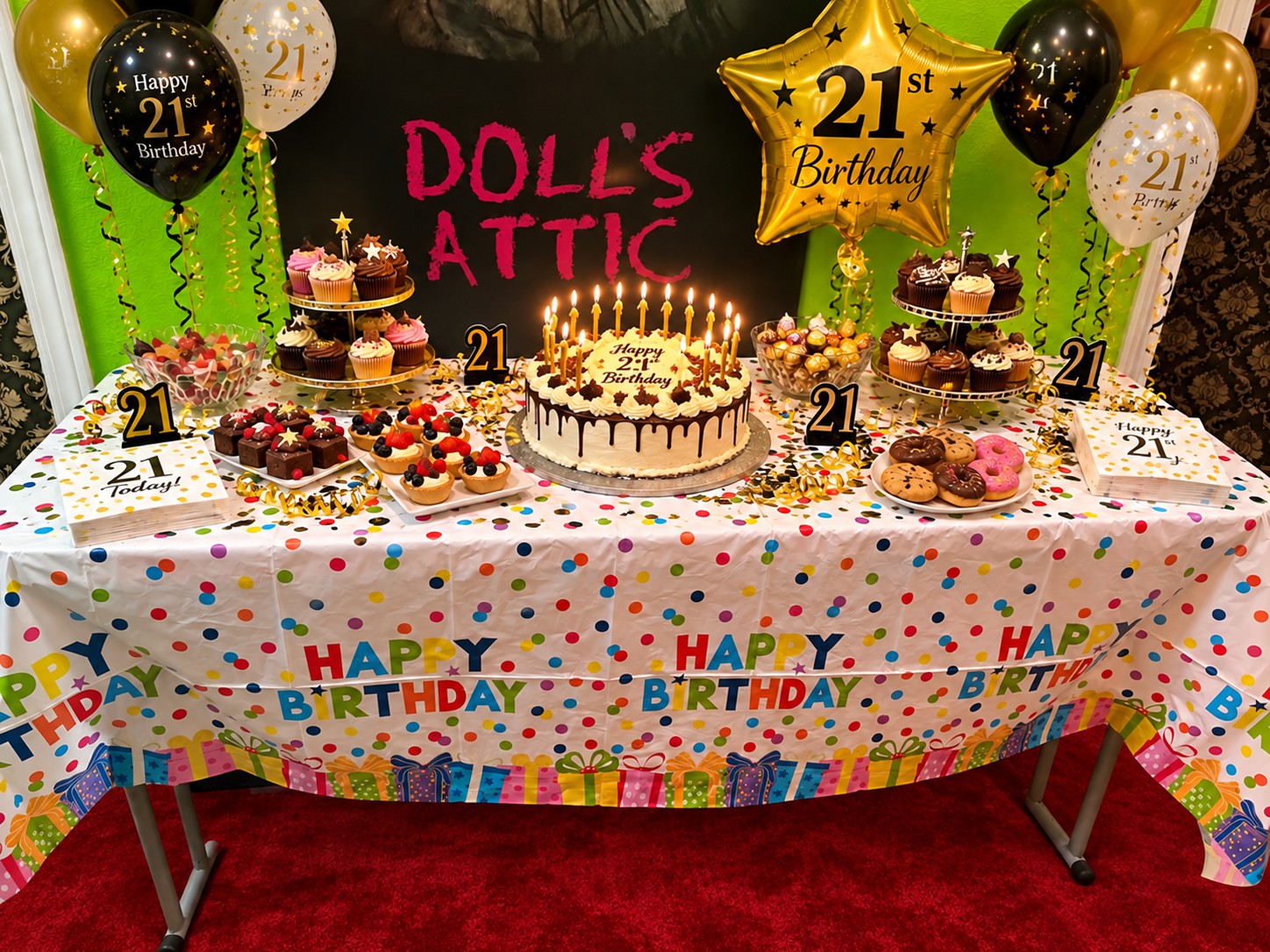 21st birthday dessert table set up outside Doll's Attic at Twisted Escape Rooms