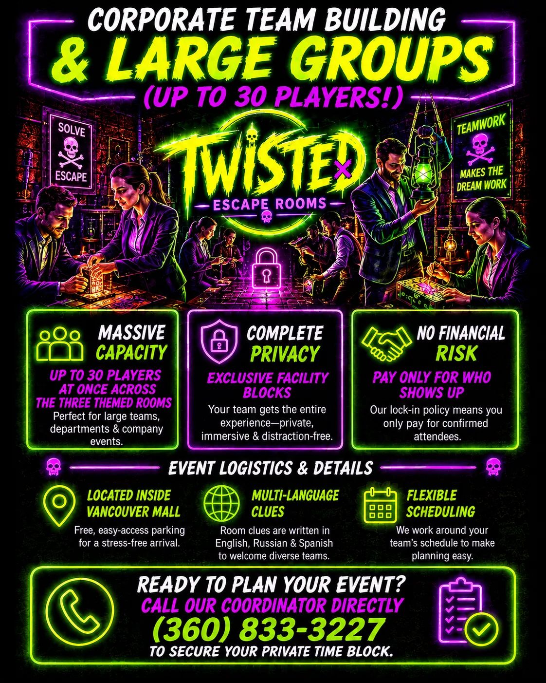 Corporate team building and large groups at Twisted Escape Rooms: up to 30 players across three themed rooms, private blocks, pay only for who shows up