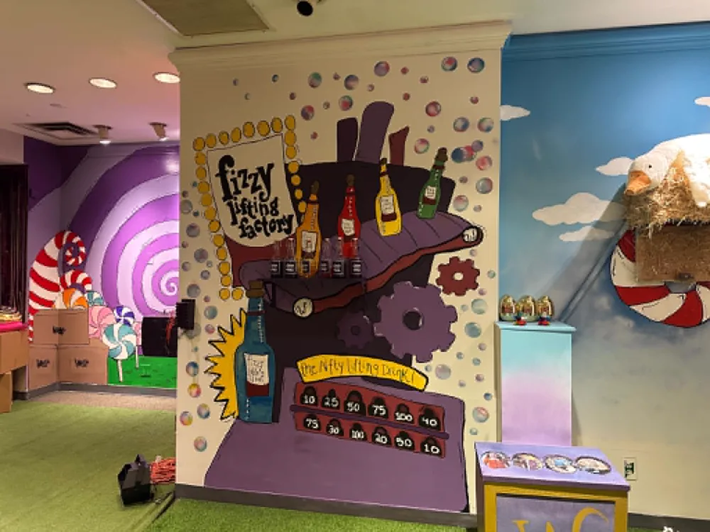 Fizzy Lifting Factory mural inside Twisted Escape Rooms