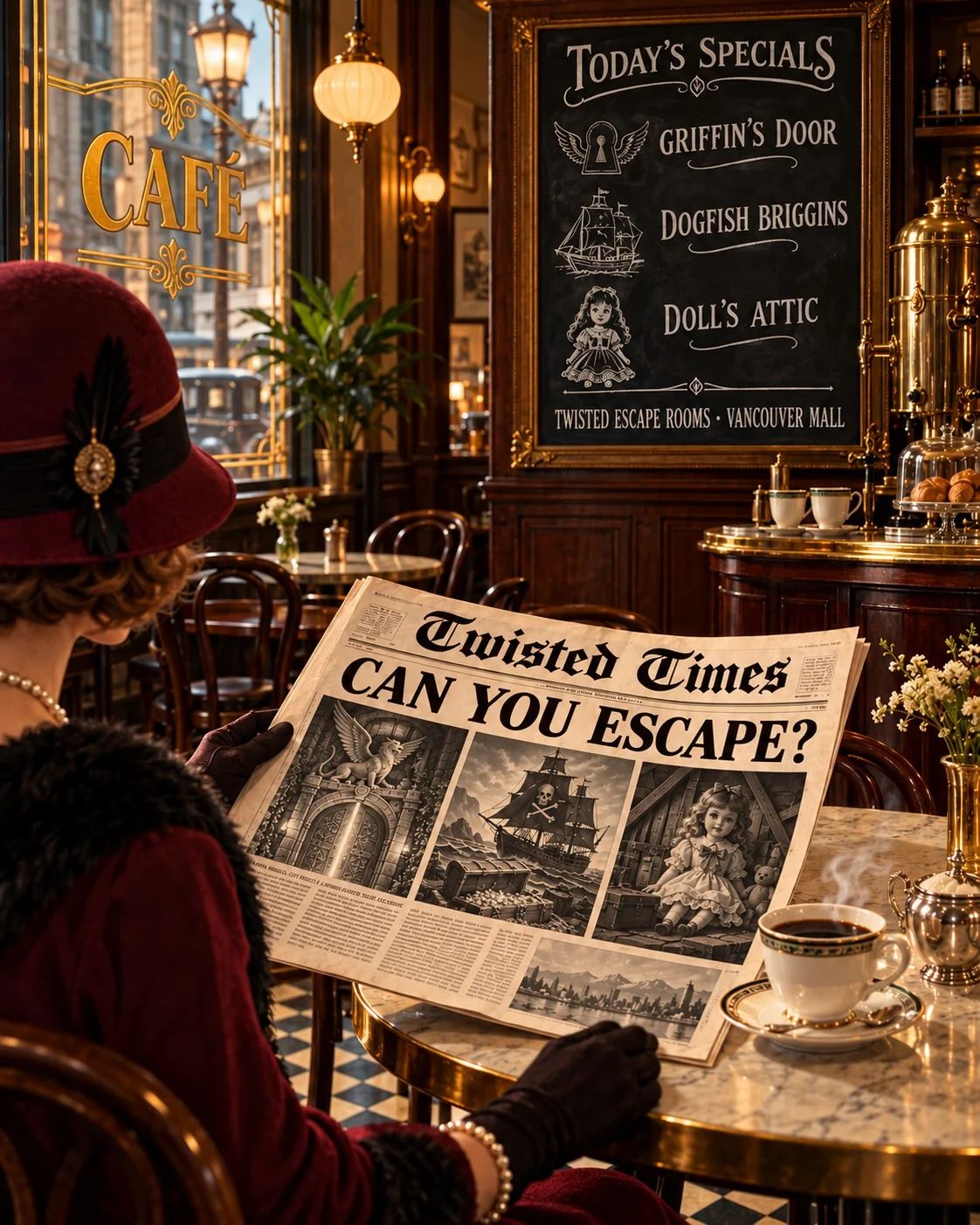 1920s café: a woman with coffee reading the Twisted Times, with a chalkboard listing Griffin's Door, Dogfish Briggins and Doll's Attic at Twisted Escape Rooms, Vancouver Mall