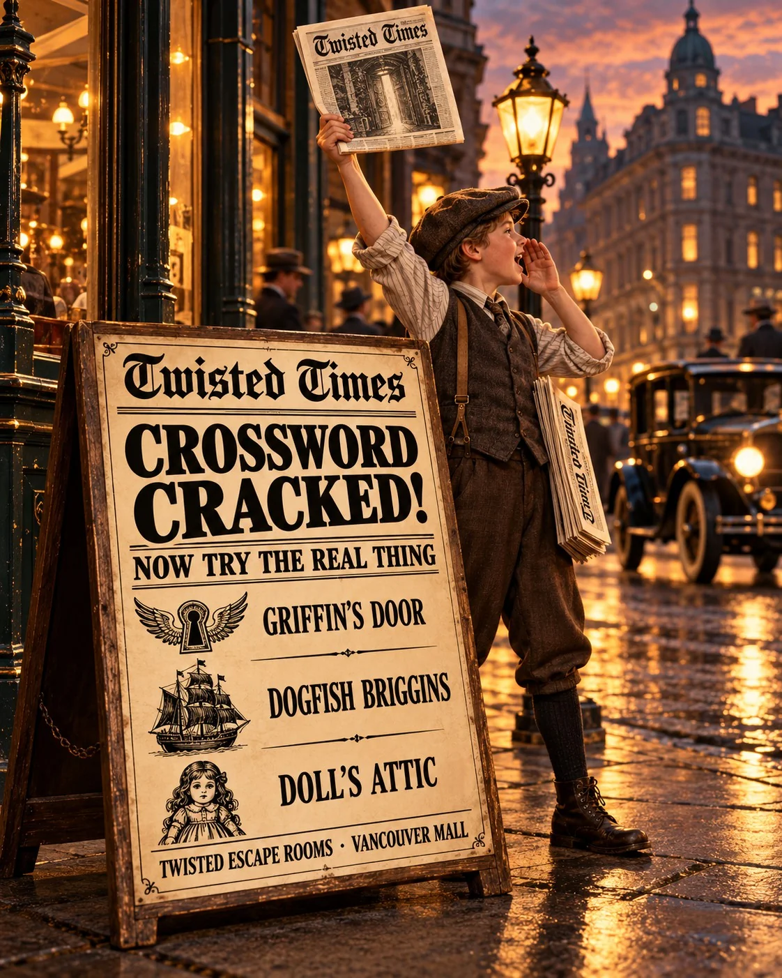Newsboy placard: Crossword cracked! Now try the real thing: Griffin's Door, Dogfish Briggins, Doll's Attic