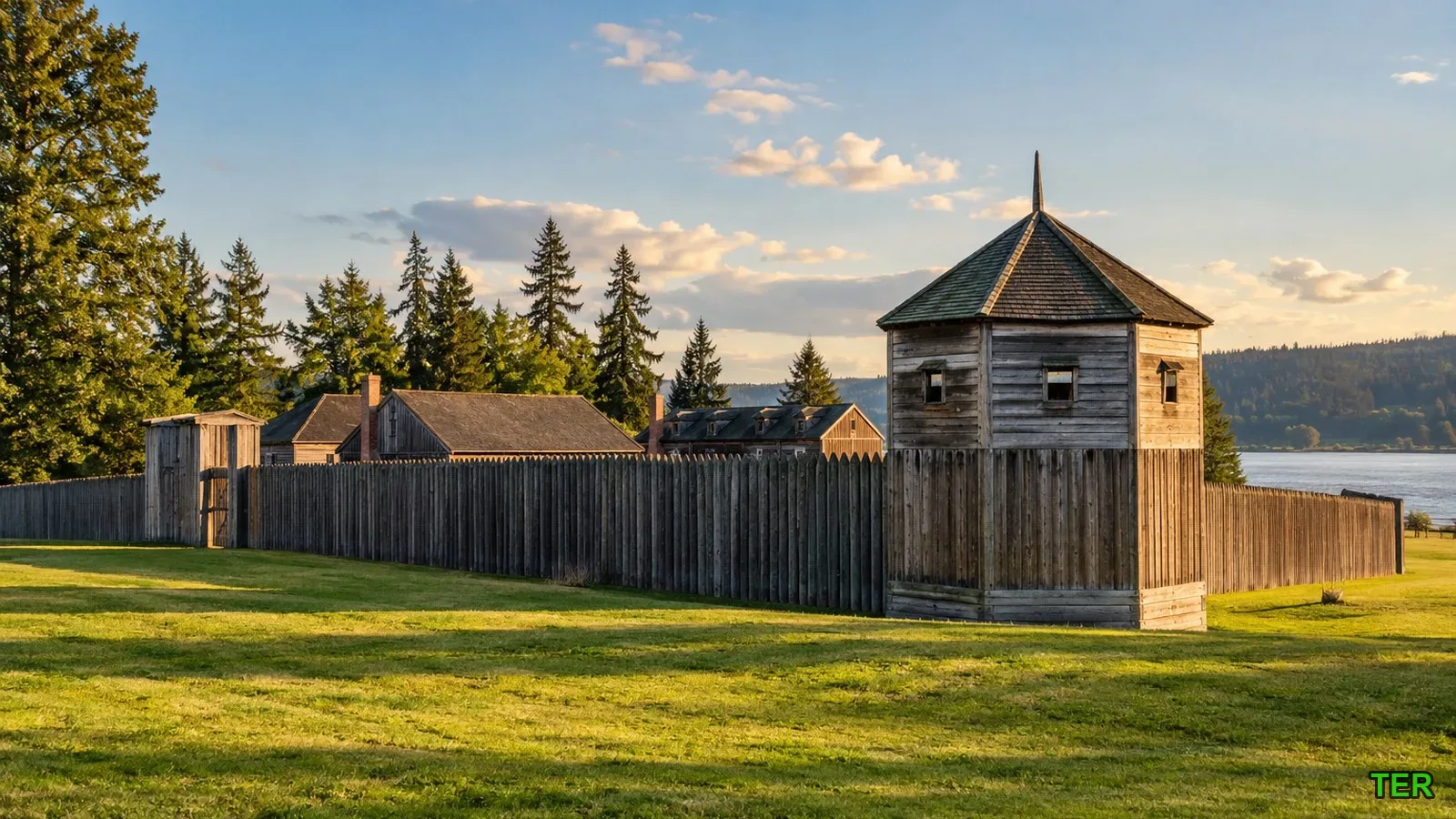 Heritage garden path lined with sunflowers and marigolds leading to the reconstructed fort at Fort Vancouver National Historic Site