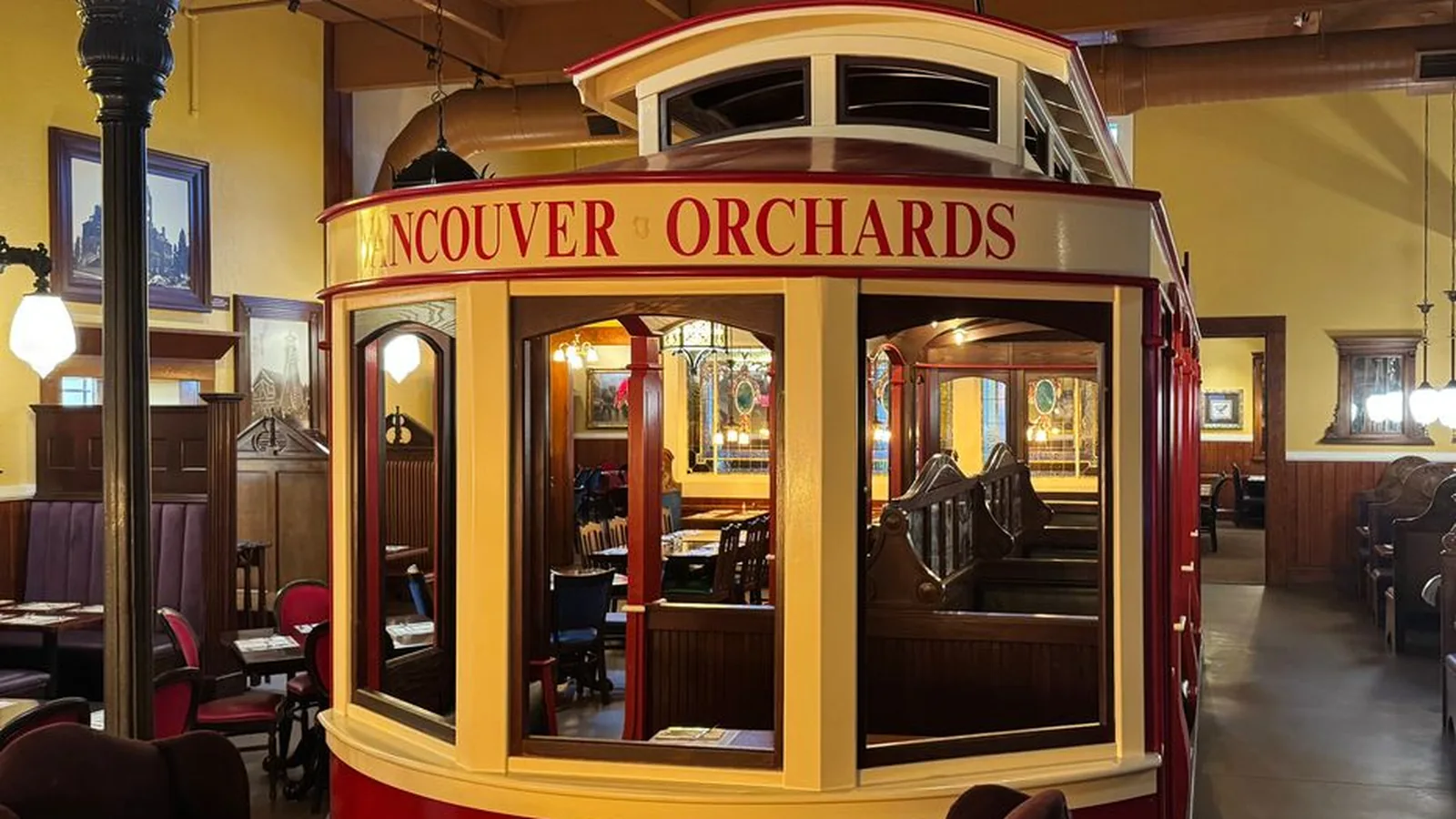 Vintage trolley car dining centerpiece inside The Old Spaghetti Factory, Vancouver WA